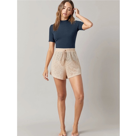 Blue Rib-Knit High Neck Short Sleeve Slim Fit Top Shirt - Picture 4 of 5